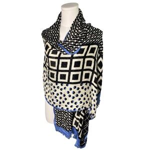 Talbots Black Blue Ivory Geometric Print‎ Scarf 100% Viscose 72x26